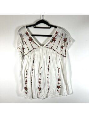 Lucky Brand Blouse Womens M White Embroidered Tunic V neck Lightweight Bohemian